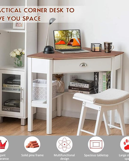 Nightcore Small, Wood Computer Desk, Compact Writing w/Drawer & Storage Shelves, Space Saving Study Workstation, Laptop PC Corner Table, Natural - LeafyLoom