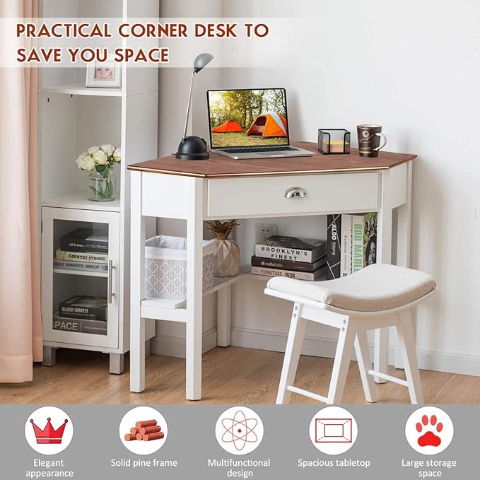 Nightcore Small, Wood Computer Desk, Compact Writing w/Drawer & Storage Shelves, Space Saving Study Workstation, Laptop PC Corner Table, Natural - LeafyLoom