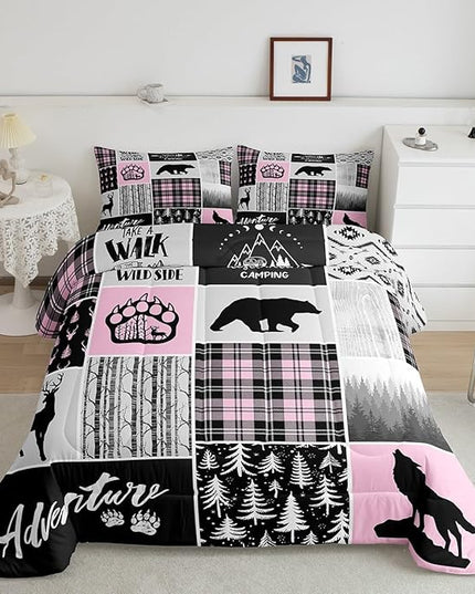 Rustic Farmhouse Comforter Set Twin Size,Deer Bear Wolf Hunting Animals Bedding Set for Kids Boys Girls Adults Room Decor,Pine Trees Patchwork Down Comforter,Pink Xmas Duvet Insert,1 Pillowcase - LeafyLoom