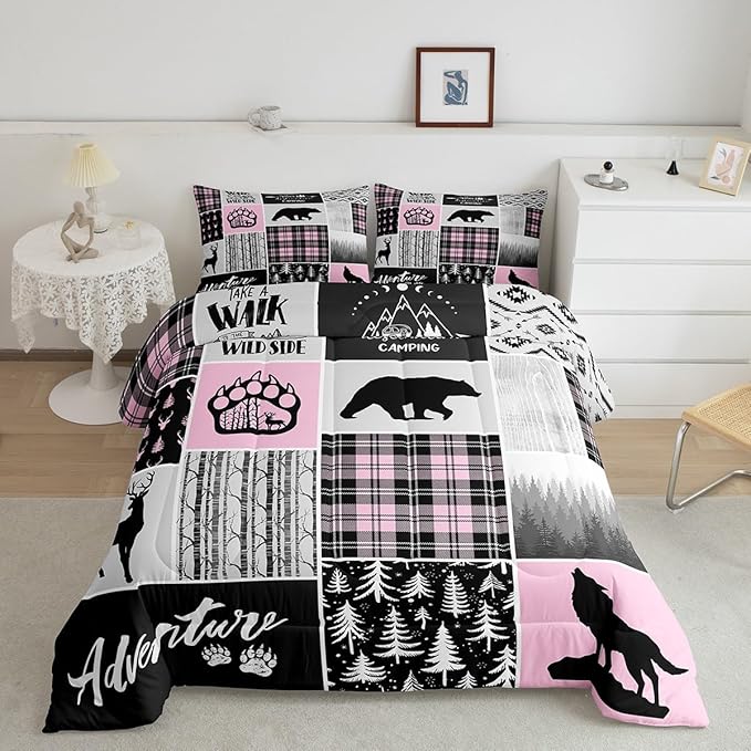 Rustic Farmhouse Comforter Set Twin Size,Deer Bear Wolf Hunting Animals Bedding Set for Kids Boys Girls Adults Room Decor,Pine Trees Patchwork Down Comforter,Pink Xmas Duvet Insert,1 Pillowcase - LeafyLoom