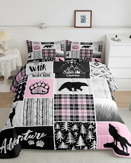 Rustic Farmhouse Comforter Set Full Size,Deer Bear Wolf Hunting Animals Bedding Set for Kids Boys Girls Adults Room Decor,Pine Trees Patchwork Down Comforter,Pink Xmas Duvet Insert,2 Pillowcases - LeafyLoom