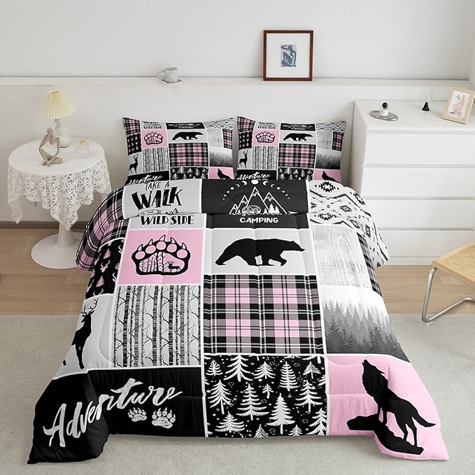 Rustic Farmhouse Comforter Set Full Size,Deer Bear Wolf Hunting Animals Bedding Set for Kids Boys Girls Adults Room Decor,Pine Trees Patchwork Down Comforter,Pink Xmas Duvet Insert,2 Pillowcases - LeafyLoom