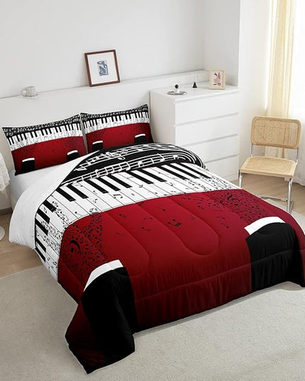 Erosebridal Music Notes Comforter Set for Kids Boys Teens Men Piano Keys Down Comforter King Size Rock Musical Bedding Set Play Piano Duvet Sets Music Bedroom Decor with 2 Pillow Cases Red Black - LeafyLoom
