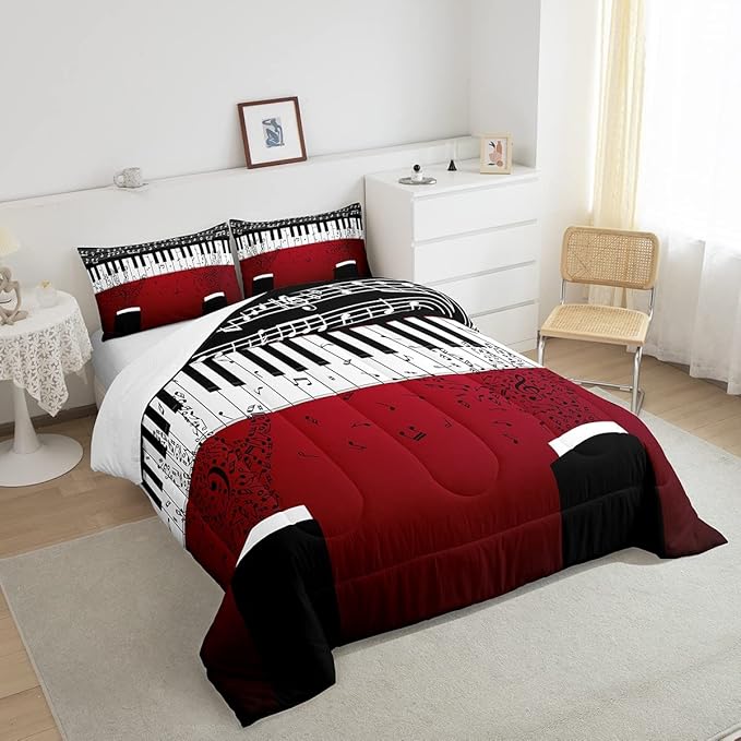 Erosebridal Music Notes Comforter Set for Kids Boys Teens Men Piano Keys Down Comforter King Size Rock Musical Bedding Set Play Piano Duvet Sets Music Bedroom Decor with 2 Pillow Cases Red Black - LeafyLoom