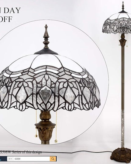 WERFACTORY Tiffany Floor Lamp Crystal Bead White Stained Glass Standing Reading Light 16X16X64 Inches Antique Pole Corner Lamp Decor Bedroom Living Room Home Office S508W Series - LeafyLoom