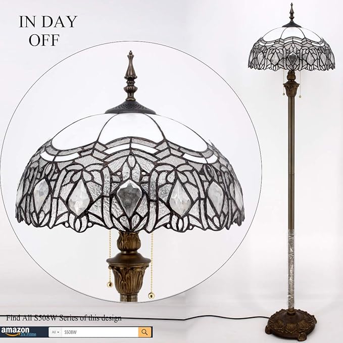 WERFACTORY Tiffany Floor Lamp Crystal Bead White Stained Glass Standing Reading Light 16X16X64 Inches Antique Pole Corner Lamp Decor Bedroom Living Room Home Office S508W Series - LeafyLoom