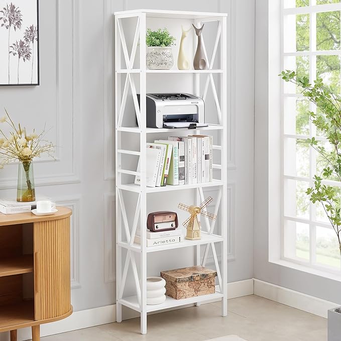 HOMISSUE Bookshelf, 6-Tier Tall Bookshelf, Rustic Wood Metal Bookshelves and Bookcases, Freestanding Open Bookshelf, Industrial Bookcase for Home Office, Living Room and Bedroom, White - LeafyLoom