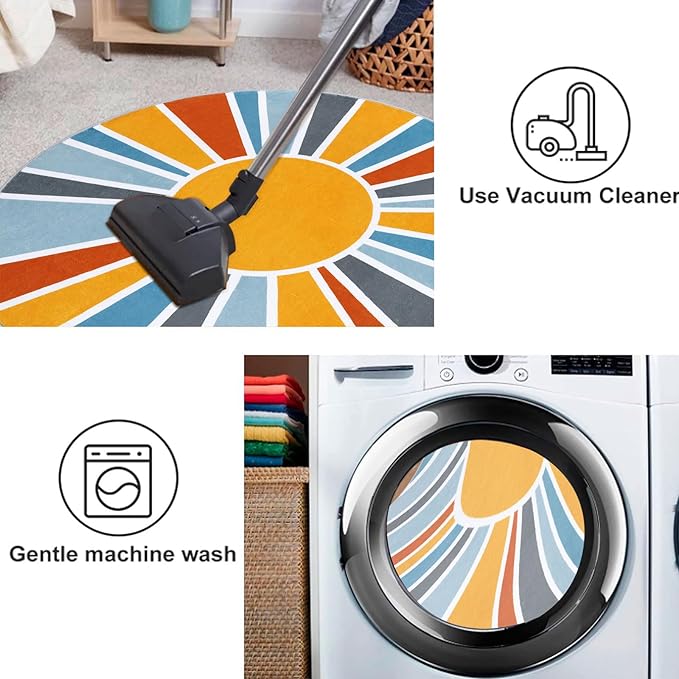 Topotdor Sun Rainbow Round Rug 4ft Boho Kids Nursery Rug, Colorful Washable Area Rug Ultra Soft Circle Classroom Rug Non-Slip for Bedroom Living Room Playroom Decor, Blue - LeafyLoom