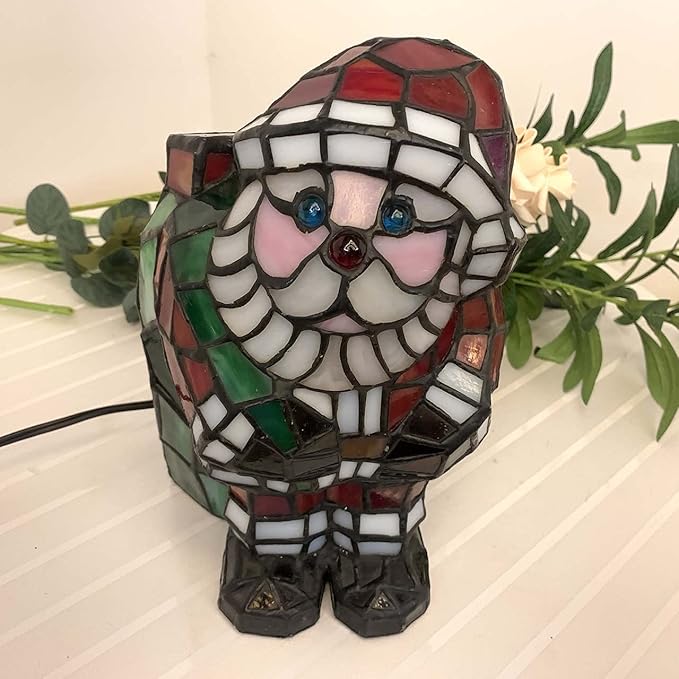 Bieye L10826 Christmas Santa Claus Table Lamp Tiffany Style Stained Glass Night Light for Home Décor (5.75" L x 6.75" D x 9" H) - LeafyLoom