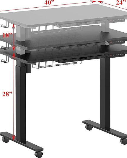 SHW Small Electric Height Adjustable Mobile Sit Stand Desk with Drawer, Hanging Hooks and Cable Management, 40 x 24 Inches, Black - LeafyLoom