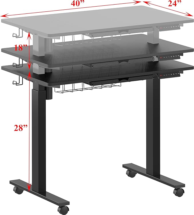 SHW Small Electric Height Adjustable Mobile Sit Stand Desk with Drawer, Hanging Hooks and Cable Management, 40 x 24 Inches, Black - LeafyLoom