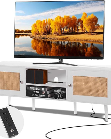 VEVOR Rattan TV Stand for 65 inch TV, Boho TV Stand with Rattan Door, Entertainment Center with Build-in Socket and USB Ports, Modern TV Console for Living Room, Media Room, White - LeafyLoom