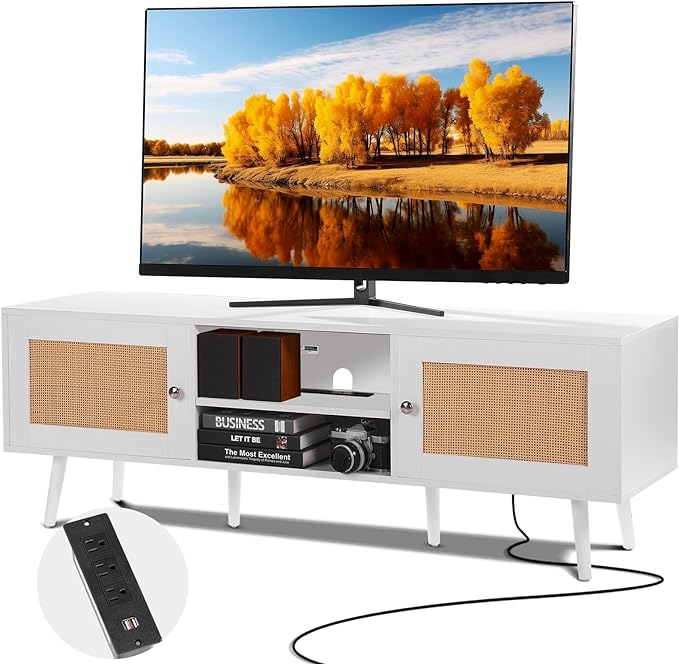 VEVOR Rattan TV Stand for 65 inch TV, Boho TV Stand with Rattan Door, Entertainment Center with Build-in Socket and USB Ports, Modern TV Console for Living Room, Media Room, White - LeafyLoom