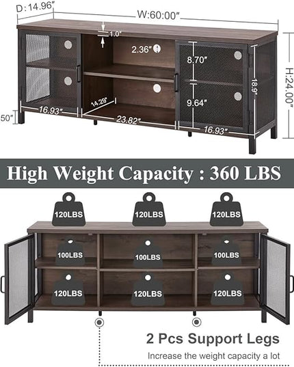 FATORRI Industrial Entertainment Center for TVs up to 65 Inch, Rustic Wood TV Stand, Large TV Console and TV Cabinet for Living Room (60 Inch Wide, Walnut Brown) - LeafyLoom
