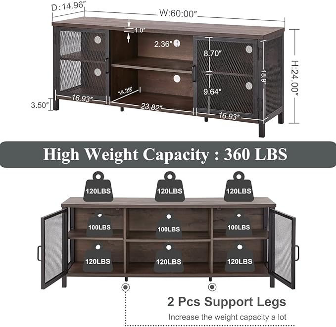 FATORRI Industrial Entertainment Center for TVs up to 65 Inch, Rustic Wood TV Stand, Large TV Console and TV Cabinet for Living Room (60 Inch Wide, Walnut Brown) - LeafyLoom