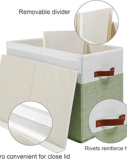 Large Toy Storage Box with Lid, Sturdy Toys Storage Chest Bin Organizer Basket with Dividers for Kids, Boys, Girls, Nursery, Closet, Bedroom, Playroom 25"x13" x16" (Green and White) - LeafyLoom