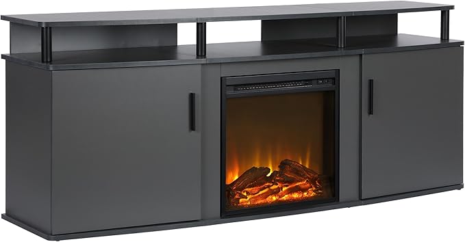 Ameriwood Home Carson Fireplace TV Stand for TVs up to 70 Inch, Replaceable Electric Fireplace Insert Heater, Realistic Log and Flame Effect, For Living Room or Bedroom, Gray - LeafyLoom
