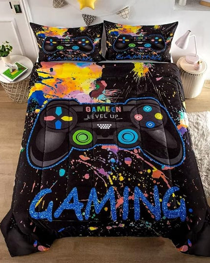 Gamer Comforter Sets for Teen Boys,Gaming Bedding Sets Twin,Video Game Bedspread,Game Gamepad Bed Set,Controller Bedding Gamer Home Decor 3 Piece 1 Comforter and 2 Pillowcases - LeafyLoom