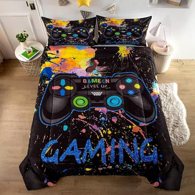 Gamer Comforter Sets for Teen Boys,Gaming Bedding Sets Twin,Video Game Bedspread,Game Gamepad Bed Set,Controller Bedding Gamer Home Decor 3 Piece 1 Comforter and 2 Pillowcases - LeafyLoom