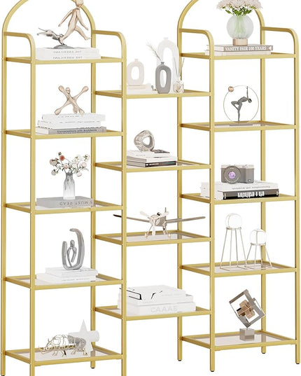5 tier Bookcase Bookshelf, Tempered Glass Bookshelves, Triple Wide Glass Storage Rack with 14 Open Storage Spaces, Display Shelf for Living Room, Home Office, Bedroom, Gold BC50101G - LeafyLoom
