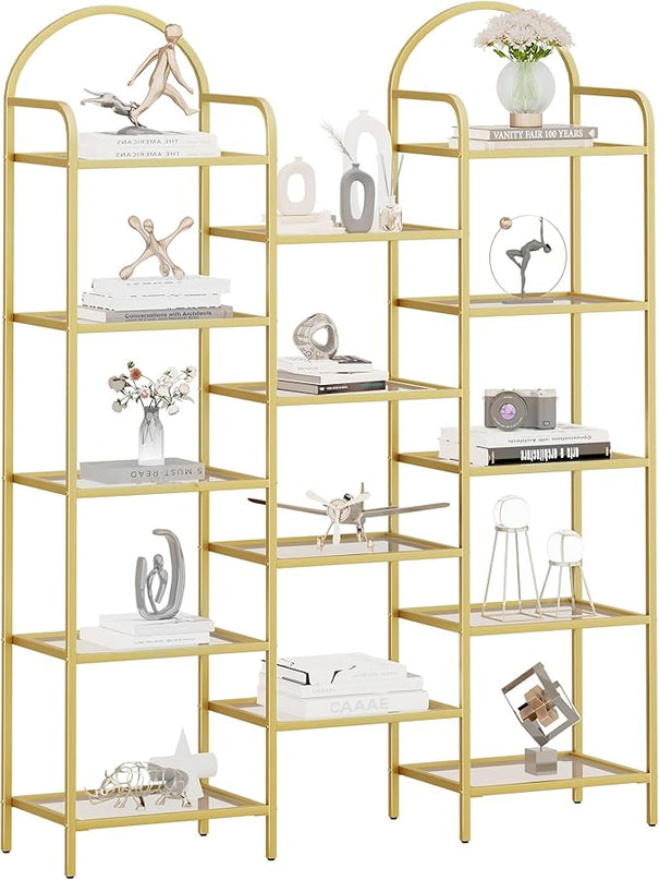 5 tier Bookcase Bookshelf, Tempered Glass Bookshelves, Triple Wide Glass Storage Rack with 14 Open Storage Spaces, Display Shelf for Living Room, Home Office, Bedroom, Gold BC50101G - LeafyLoom