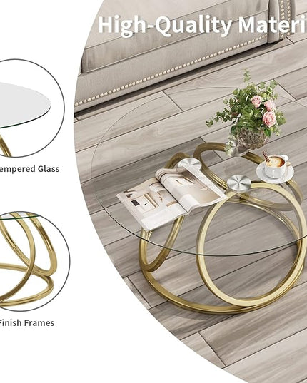 O&K FURNITURE Gold Coffee Table, Modern Round Glass Coffee Table for Living Room with Ring-Shaped Frames, Gold Glass Table for Home&Office,Gold Finish, 1PC - LeafyLoom