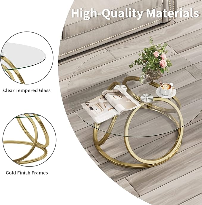 O&K FURNITURE Gold Coffee Table, Modern Round Glass Coffee Table for Living Room with Ring-Shaped Frames, Gold Glass Table for Home&Office,Gold Finish, 1PC - LeafyLoom