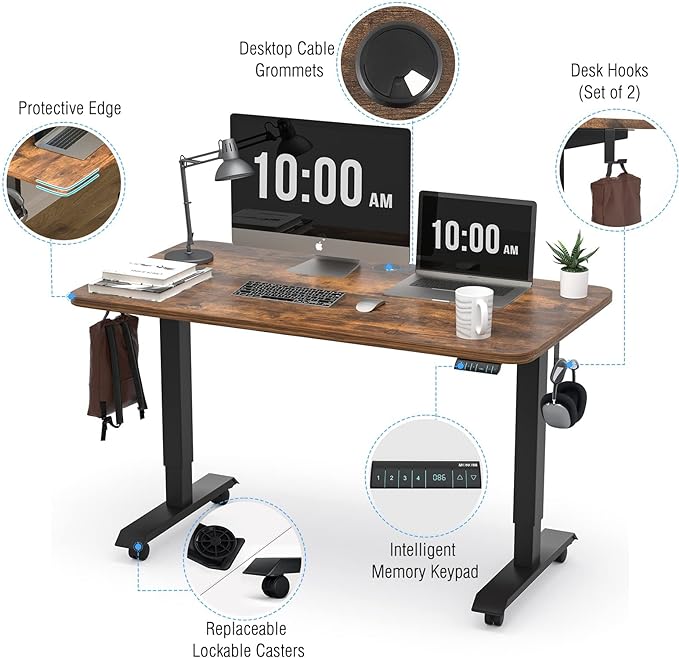 Monomi Electric Height Adjustable Standing Desk, 48x24 Inches, Ergonomic Home Office Sit/ Stand Up Desk (Black Steel Frame/Rustic Brown Top) - LeafyLoom