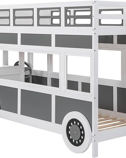 Twin over Twin Bus-shaped Bunk Bed with Wheels,Kids Car-Shaped Bedframe W/Storage,Space Saving,No Box Spring Needed,Wood Toy Bedroom Furniture for Boys Toddlers Teens Child,Gray+White - LeafyLoom