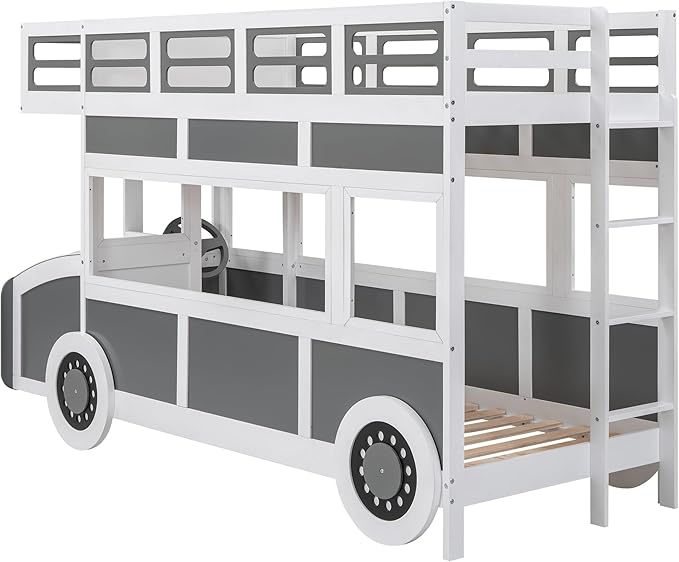 Twin over Twin Bus-shaped Bunk Bed with Wheels,Kids Car-Shaped Bedframe W/Storage,Space Saving,No Box Spring Needed,Wood Toy Bedroom Furniture for Boys Toddlers Teens Child,Gray+White - LeafyLoom