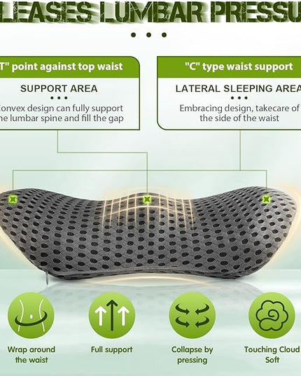 Lumbar Support Pillow - Memory Foam for Low Back Pain Relief, Ergonomic Streamline Car Seat, Office Chair, Recliner and Bed (Upgrade Gray) - LeafyLoom