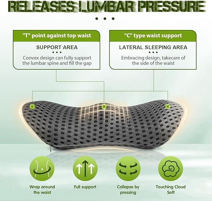 Lumbar Support Pillow - Memory Foam for Low Back Pain Relief, Ergonomic Streamline Car Seat, Office Chair, Recliner and Bed (Upgrade Gray) - LeafyLoom