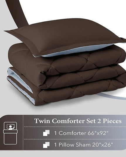 downluxe Twin Comforter Set - Brown and Blue Twin Comforter, Soft Bedding Sets for All Seasons -2 Pieces - 1 Comforter (66"x92") and 1 Pillow Sham(20"x26") - LeafyLoom