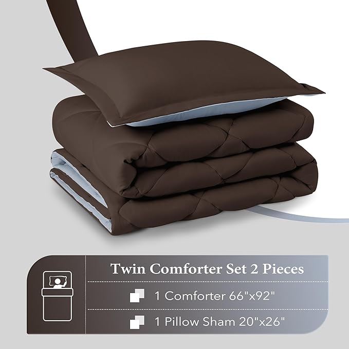 downluxe Twin Comforter Set - Brown and Blue Twin Comforter, Soft Bedding Sets for All Seasons -2 Pieces - 1 Comforter (66"x92") and 1 Pillow Sham(20"x26") - LeafyLoom
