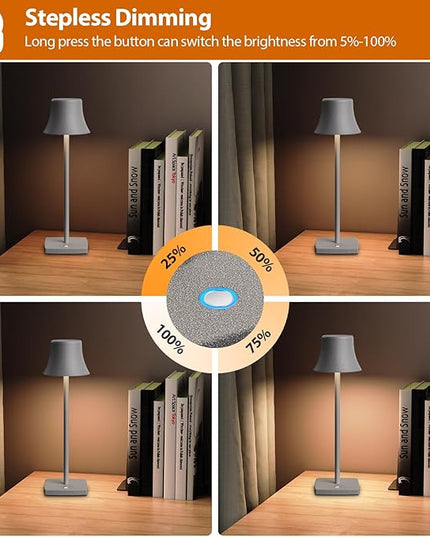 Cordless Table Lamp, Rechargeable Battery 5000mAh Metal Aluminum Housing USB LED Portable Powered Desk Lamp, 2 Levels Brightness Night Light for Restaurants Bedroom Outdoor (ferrous gray) - LeafyLoom