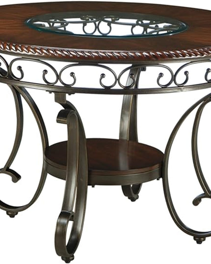 Signature Design by Ashley Glambrey Old World 45" Round Glass Top Dining Table, Brown - LeafyLoom