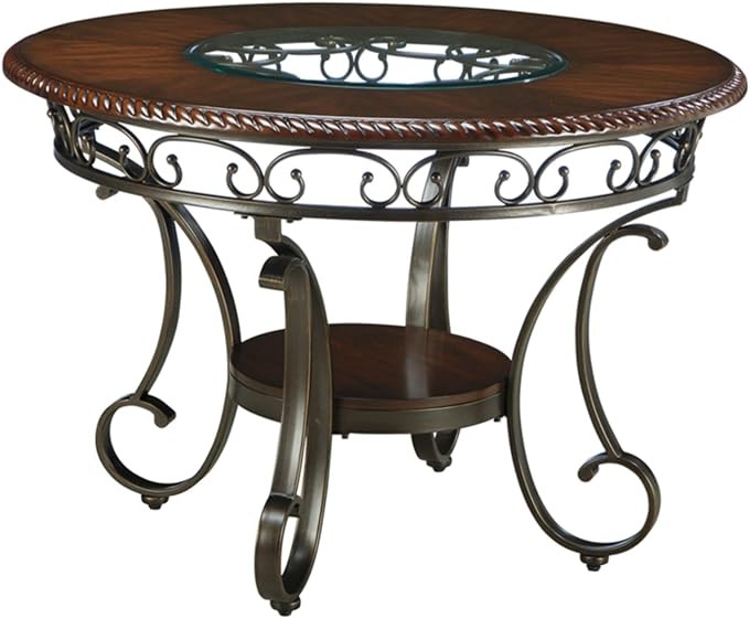 Signature Design by Ashley Glambrey Old World 45" Round Glass Top Dining Table, Brown - LeafyLoom