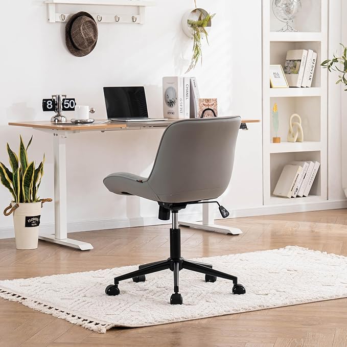 YOUNUOKE Comfortable Desk Chair, Home Office Chairs with Wheels, Armless Samll Comfy Vanity Chairs, PU Leather Computer Task Work Desk Chairs, Gery - LeafyLoom
