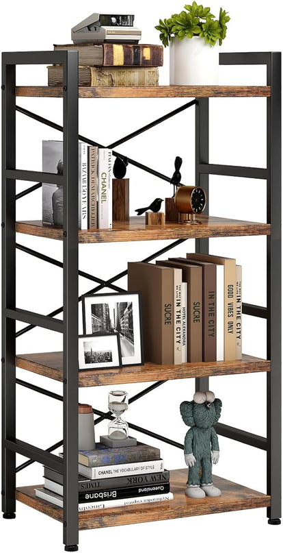 Bookshelf, 4 Tier Small Bookcase, Organizers and Storage, Metal Small Bookcase, Rustic Book Shelf Organization and Storage for Living Room, Bedroom, and Home Office(Rustic Brown) - LeafyLoom