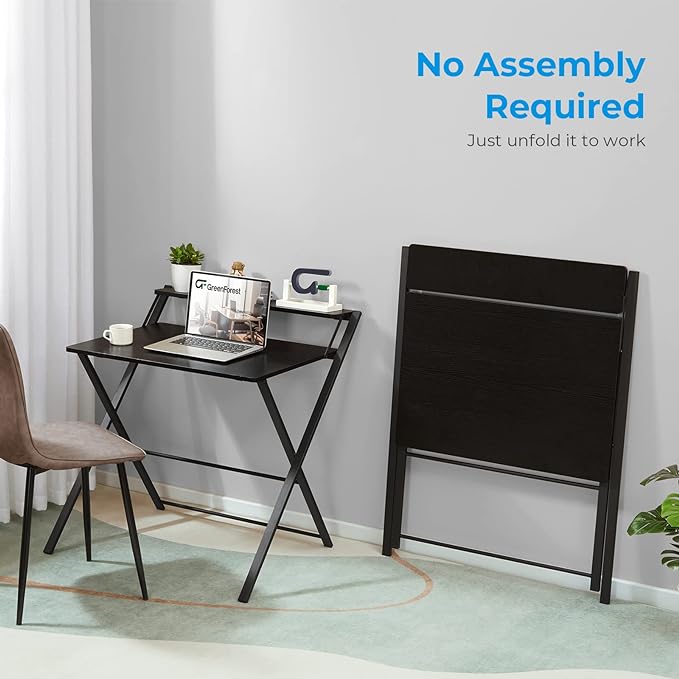 GreenForest Folding Desk No Assembly Required Small Size, 2-Tier Foldable Computer Desk with Shelf for Home Office, Space Saving Portable Laptop Study Foldable Table for Small Spaces, Black - LeafyLoom