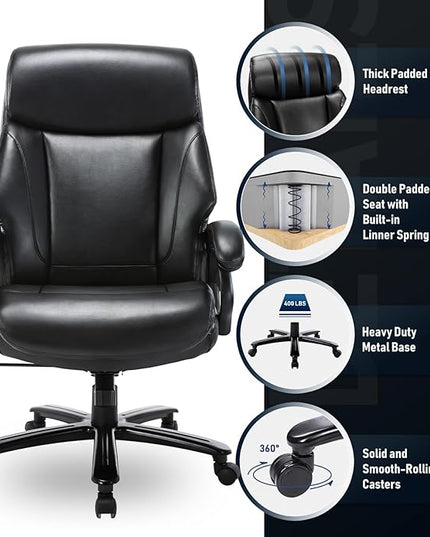 Big and Tall Office Chair 400lbs-Heavy Duty Executive Desk Chair with Extra Wide Seat, High Back Ergonomic Leather Computer Chair with Tilt Rock, Padded Armrests-Black - LeafyLoom
