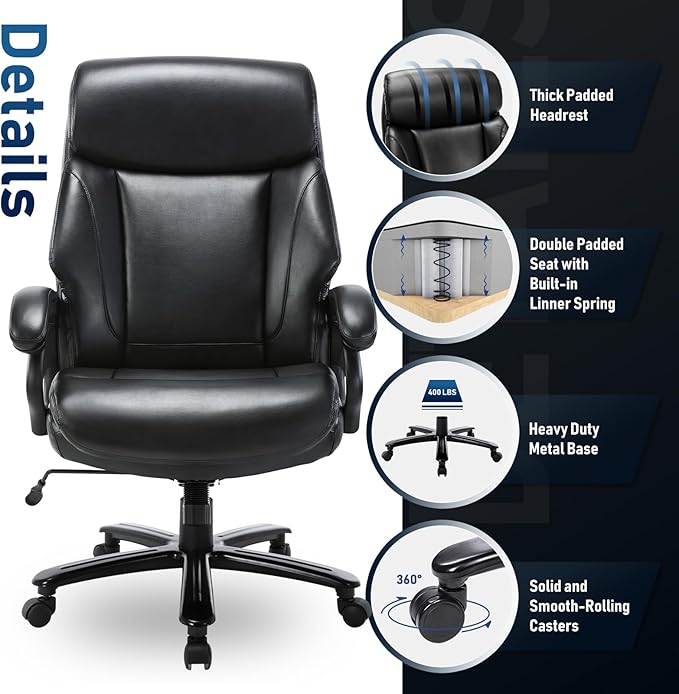 Big and Tall Office Chair 400lbs-Heavy Duty Executive Desk Chair with Extra Wide Seat, High Back Ergonomic Leather Computer Chair with Tilt Rock, Padded Armrests-Black - LeafyLoom