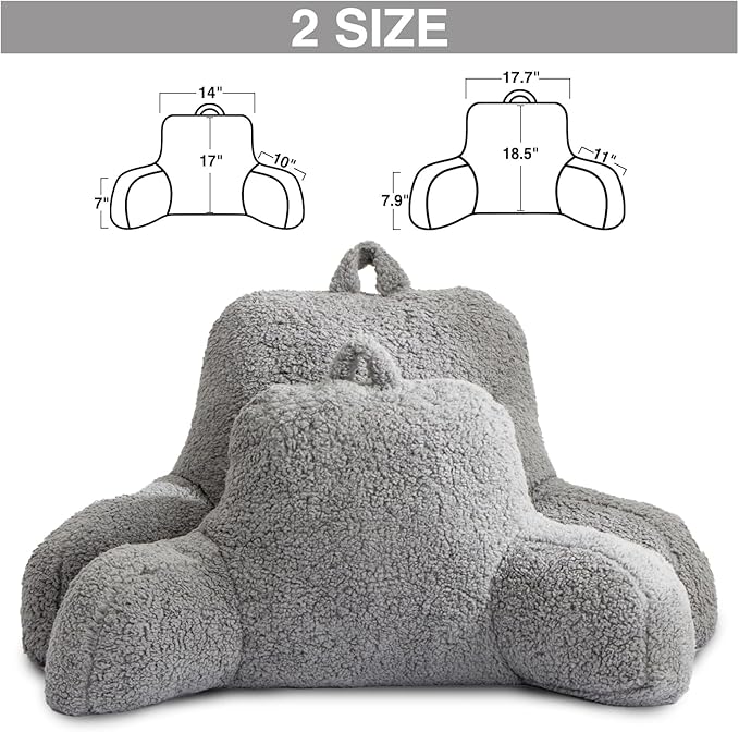 A Nice Night Sherpa Fleece Flannel Reading Pillow Bed Wedge Adult Backrest with Arms Back Support for Sitting Up in Bed/Couch,Grey,Large - LeafyLoom
