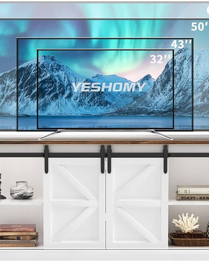 YESHOMY Farmhouse TV Stand and Entertainment Center for Televisions up to 65 Inchs, with Sliding Barn Doors and Storage Cabinets, Console Table and Media Furniture for Living Room, 58 Inch, Milk White - LeafyLoom