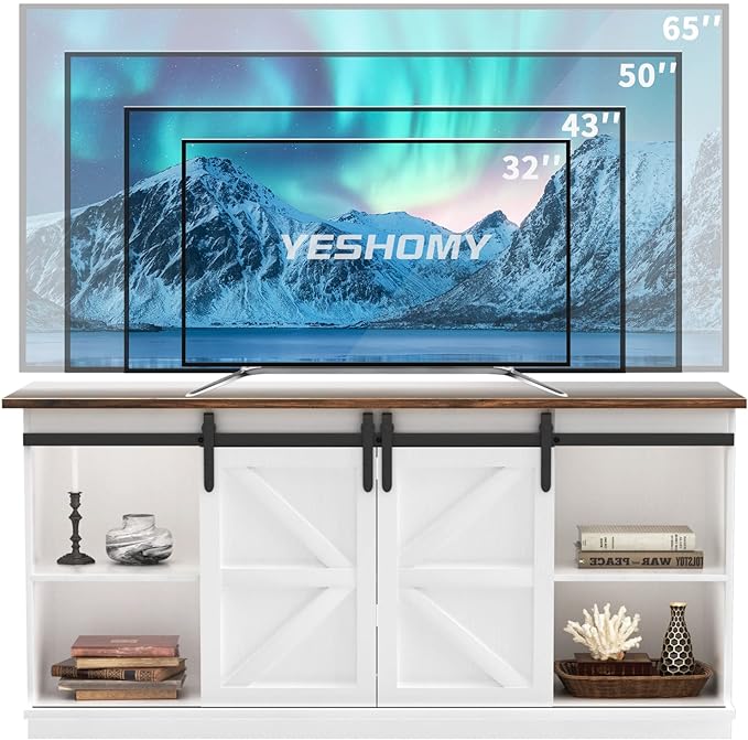 YESHOMY Farmhouse TV Stand and Entertainment Center for Televisions up to 65 Inchs, with Sliding Barn Doors and Storage Cabinets, Console Table and Media Furniture for Living Room, 58 Inch, Milk White - LeafyLoom