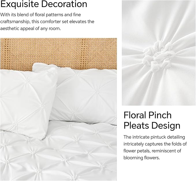 BEDELITE White King Size Comforter Set - 3 Pieces Boho Pintuck Bedding Comforter Sets, Lightweight Soft & Warm King Bedding Set with 2 Pillowcases for All Season - LeafyLoom