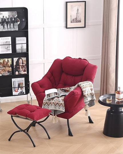 LITA Lazy Chair with Ottoman, Modern Accent Leisure Upholstered Sofa Chair, Contemporary Lounge Reading Chair with Armrests and a Side Pocket for Living Room, Bedroom & Small Space, Burgundy - LeafyLoom