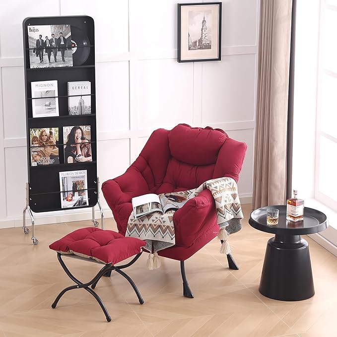 LITA Lazy Chair with Ottoman, Modern Accent Leisure Upholstered Sofa Chair, Contemporary Lounge Reading Chair with Armrests and a Side Pocket for Living Room, Bedroom & Small Space, Burgundy - LeafyLoom