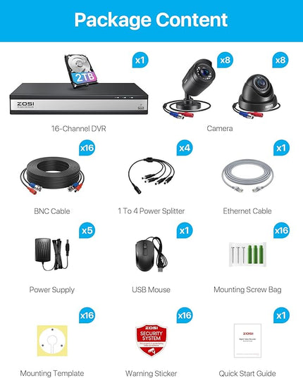 ZOSI 3K Lite 16CH Security Camera System with AI Human Vehicle Detection, Night Vision, 16 x 1080p Outdoor Indoor CCTV Wired Cameras, 16 Channel H.265+ Surveillance DVR with 2TB HDD for 24/7 Recording ZOSI