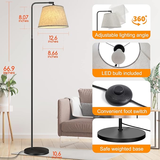 Floor Lamp with 3 Color Temperatures for Living Room Bedroom Office, 12W LED Bulb included, Modern Standing Lamp Tall Bright Corner Floor Lamp with Shade - LeafyLoom